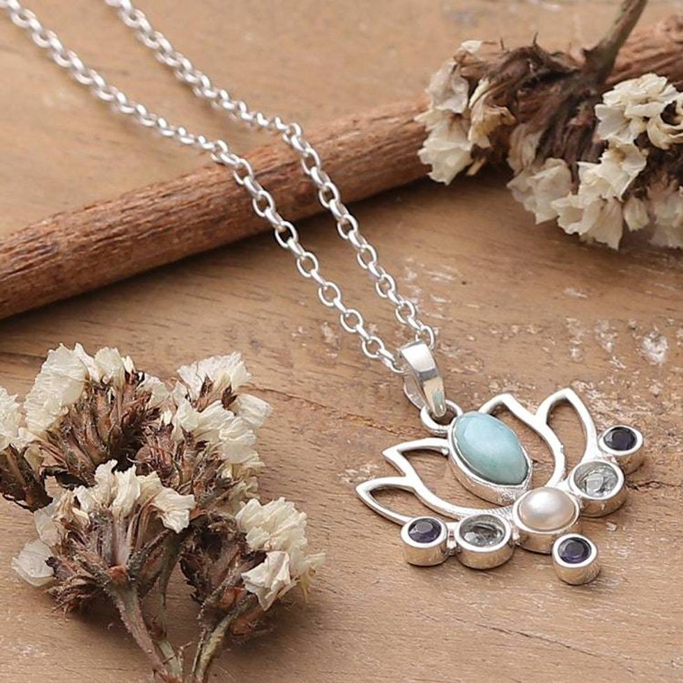 Lotus Flower-Themed Multi-Gemstone Silver Pendant Necklace 'Luxurious Lotus'