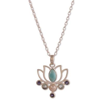 Alternate image for Lotus Flower-Themed Multi-Gemstone Silver Pendant Necklace Luxurious Lotus