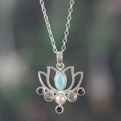 Alternate image for Lotus Flower-Themed Multi-Gemstone Silver Pendant Necklace Luxurious Lotus