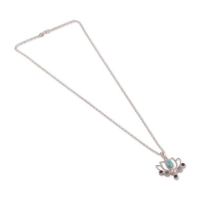 Alternate image for Lotus Flower-Themed Multi-Gemstone Silver Pendant Necklace Luxurious Lotus