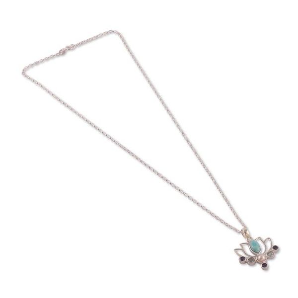 Alternate image for Lotus Flower-Themed Multi-Gemstone Silver Pendant Necklace Luxurious Lotus
