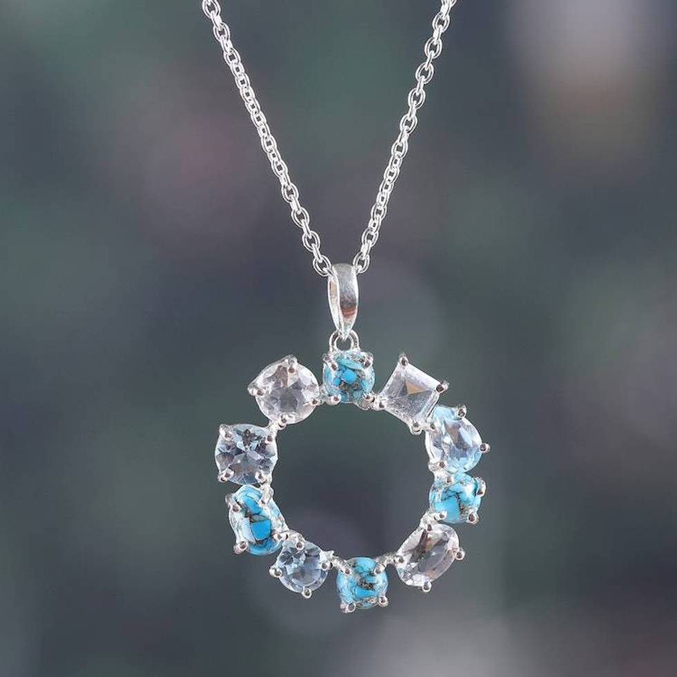 Blue Topaz Reconstituted Turquoise Quartz Pendant Necklace 'Oceanic Wreath of Gems'