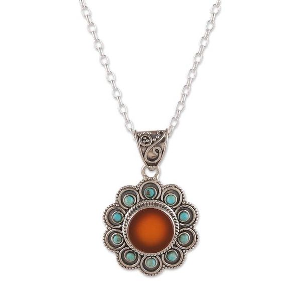 Alternate image for Carnelian Reconstituted Turquoise Silver Pendant Necklace Radiant Bloom