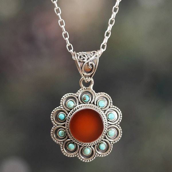Alternate image for Carnelian Reconstituted Turquoise Silver Pendant Necklace Radiant Bloom
