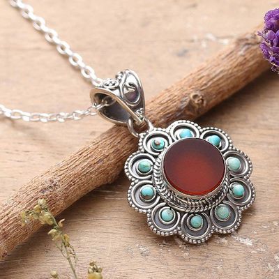 Alternate image for Carnelian Reconstituted Turquoise Silver Pendant Necklace Radiant Bloom