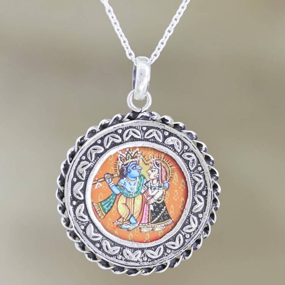 Sterling Silver Krishna and Radha Pendant Necklace 'Feminine and Masculine'