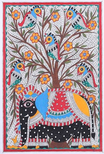 Primary image for Signed Madhubani Folk Art Acrylic Elephant Painting Royal Ambiance
