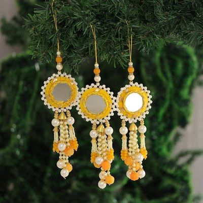 Primary image for Mirrored Beaded Ornaments from India Set of 3 Mirrored Suns