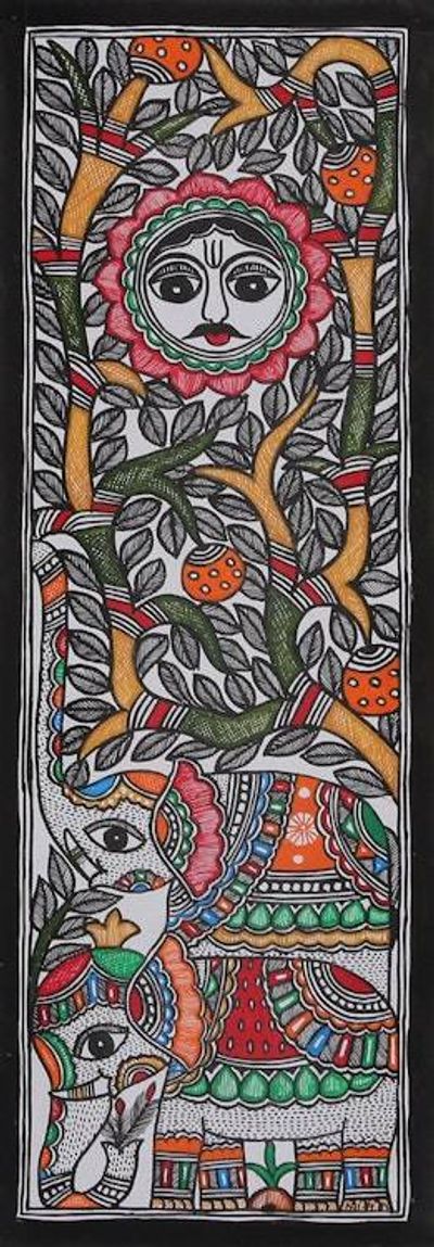 Primary image for Classic Natural Dye Madhubani Painting of Sun and Elephant Mighty Sun