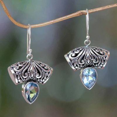 Alternate image for Balinese Artisan Crafted Blue Topaz Earrings Dewdrop Fern