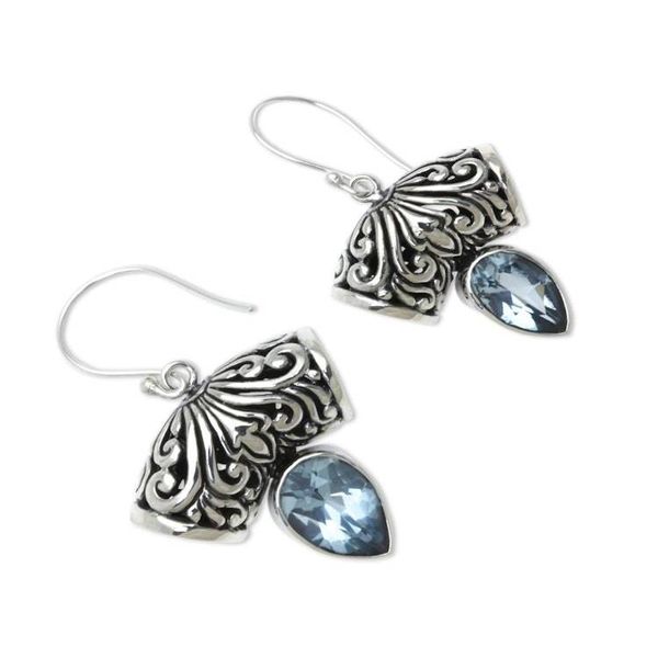 Alternate image for Balinese Artisan Crafted Blue Topaz Earrings Dewdrop Fern