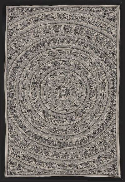 Alternate image for Animal-Themed Black and White Natural Dye Madhubani Painting Elephant and Fish Work