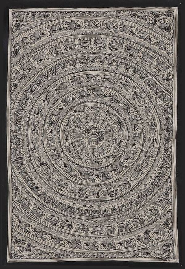 Alternate image for Animal-Themed Black and White Natural Dye Madhubani Painting Elephant and Fish Work