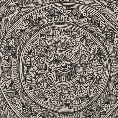 Alternate image for Animal-Themed Black and White Natural Dye Madhubani Painting Elephant and Fish Work