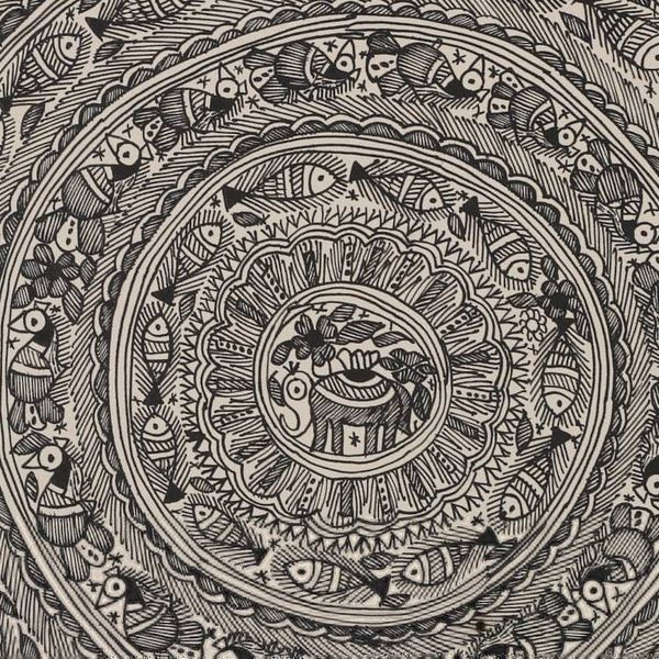 Alternate image for Animal-Themed Black and White Natural Dye Madhubani Painting Elephant and Fish Work