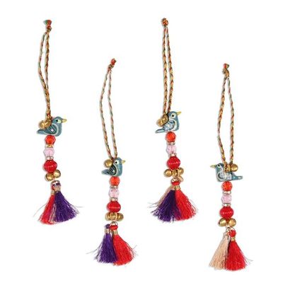 Alternate image for Bird-Themed Wood Beaded Ornaments from India Set of 4 Chirping Birds