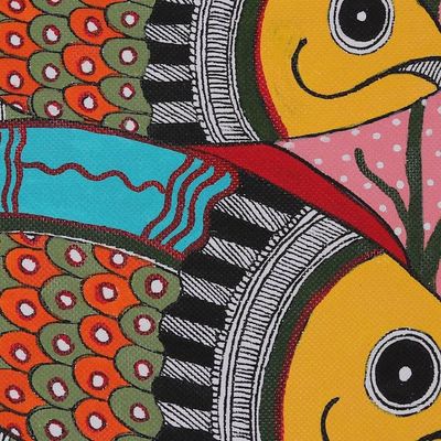 Alternate image for Colorful Fish-Themed Folk Art Madhubani Painting from India Aquatic Reverie