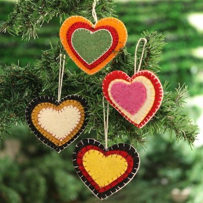 Alternate image for Colorful Wool Felt Heart Ornaments from India Set of 4 Entrancing Hearts