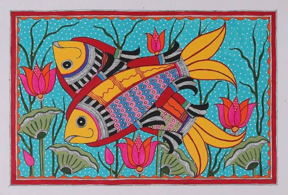 Folk Art Madhubani Painting with Swimming Fish Motif 'Blooming Waters'