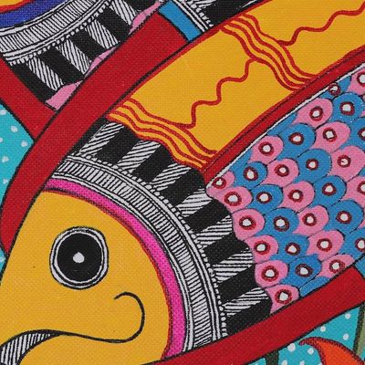 Alternate image for Folk Art Madhubani Painting with Swimming Fish Motif Blooming Waters