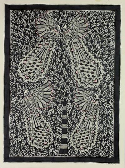 Alternate image for Handcrafted Peacock Folk Art Painting on Paper Peacock Love Story