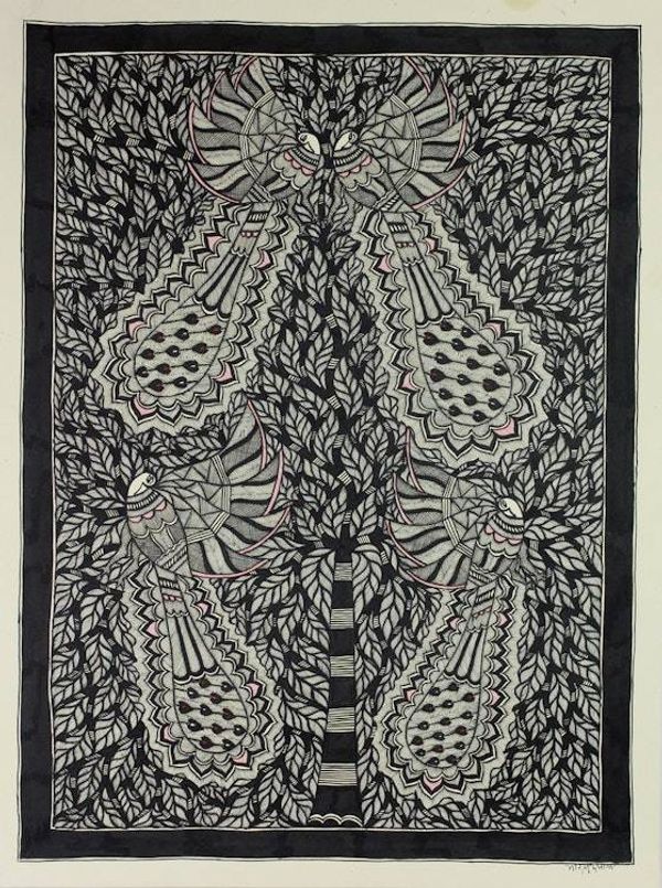 Image for Handcrafted Peacock Folk Art Painting on Paper Peacock Love Story