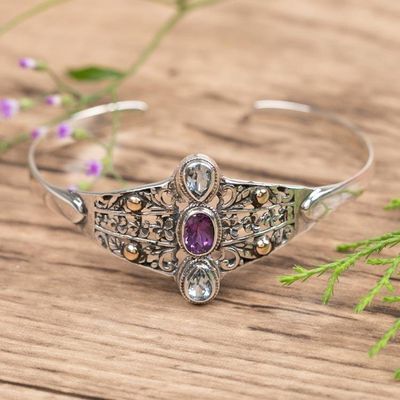 Alternate image for Plumeria Flower-Themed Amethyst and Blue Topaz Cuff Bracelet Dance of the Plumeria