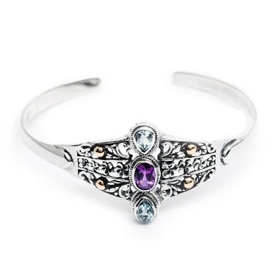 Alternate image for Plumeria Flower-Themed Amethyst and Blue Topaz Cuff Bracelet Dance of the Plumeria