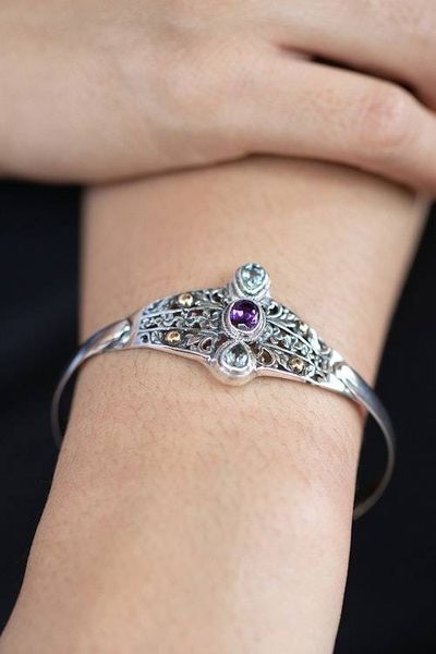 Alternate image for Plumeria Flower-Themed Amethyst and Blue Topaz Cuff Bracelet Dance of the Plumeria