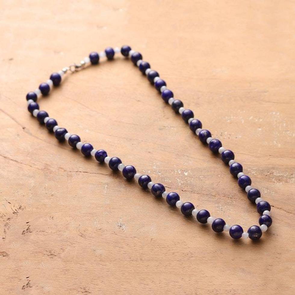 Bohemian-Themed Moonstone and Lapis Lazuli Beaded Necklace 'Lunar Truth'