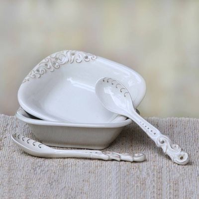 Alternate image for White Ceramic Pair of Bowls and Spoons 4-Piece Set Keraton Vessel in White