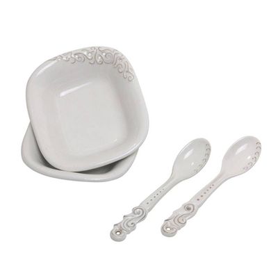 Alternate image for White Ceramic Pair of Bowls and Spoons 4-Piece Set Keraton Vessel in White