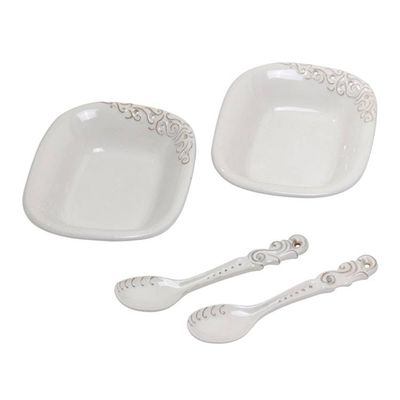 Alternate image for White Ceramic Pair of Bowls and Spoons 4-Piece Set Keraton Vessel in White