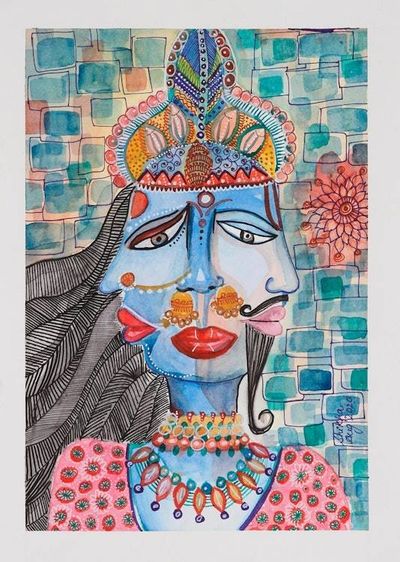 Alternate image for Signed Watercolor Painting on Handmade Paper from India Amorousness