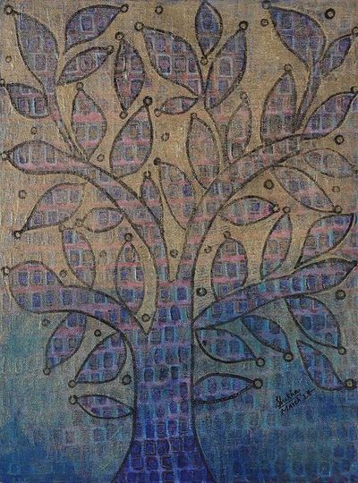 Alternate image for Signed Inspirational Blue-Toned Acrylic Leafy Tree Painting Magical Tree