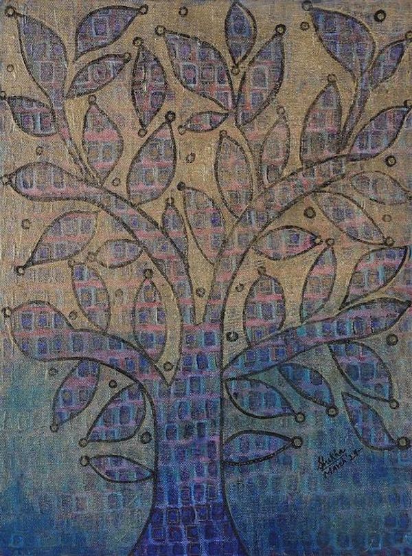 Alternate image for Signed Inspirational Blue-Toned Acrylic Leafy Tree Painting Magical Tree