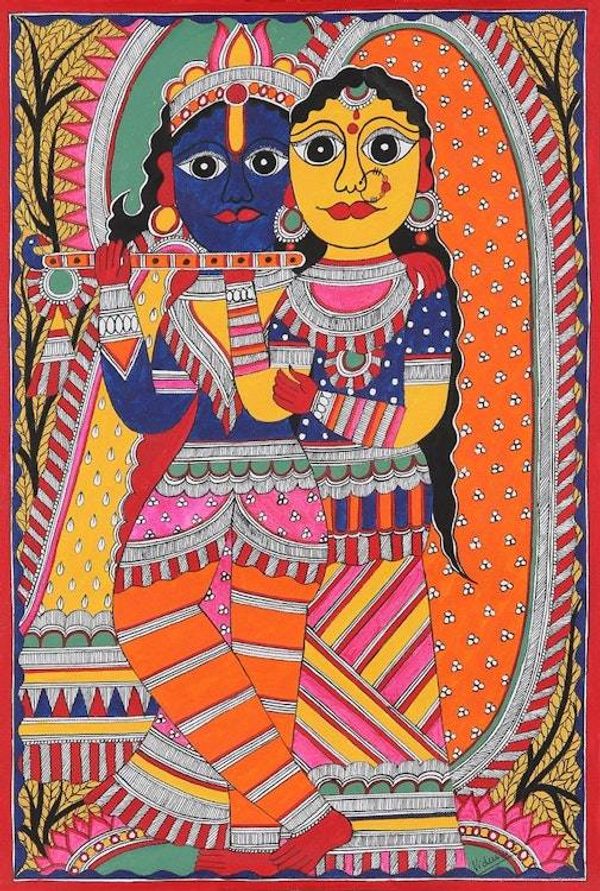 Alternate image for Signed Madhubani Painting on Handmade Paper Krishnas Flute