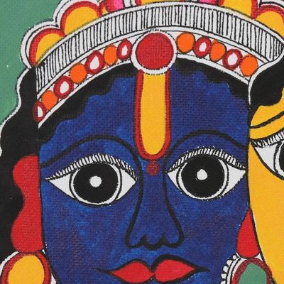 Alternate image for Signed Madhubani Painting on Handmade Paper Krishnas Flute