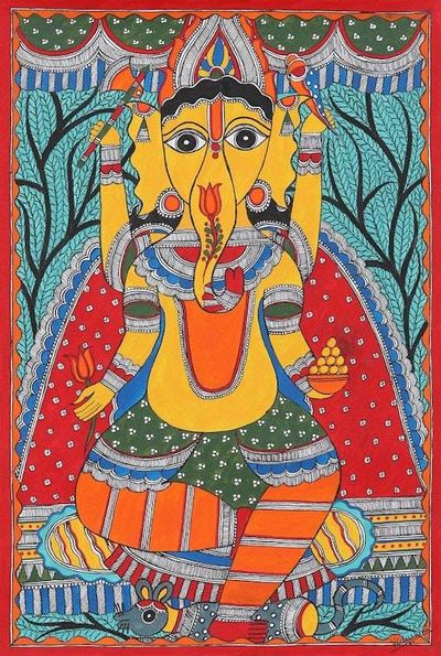 Primary image for Madhubani Ganesha Painting on Handmade Paper Lalitasana Ganesha