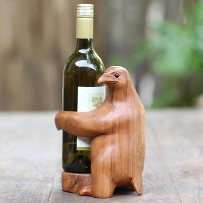 Alternate image for Artisan Made Suar Wood Bird Wine Holder Bird Hug