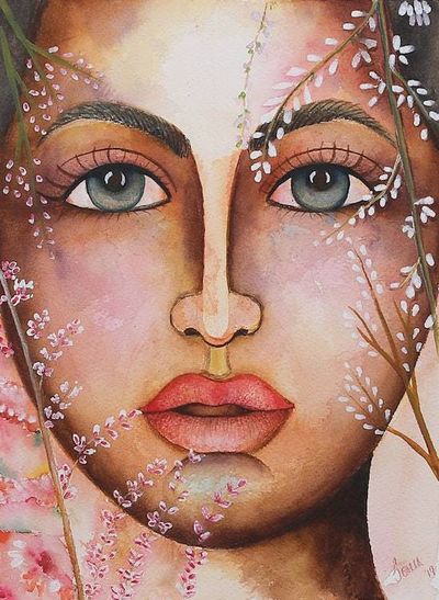 Alternate image for Signed Watercolor Woman Portrait Painting with White Blooms Longing III