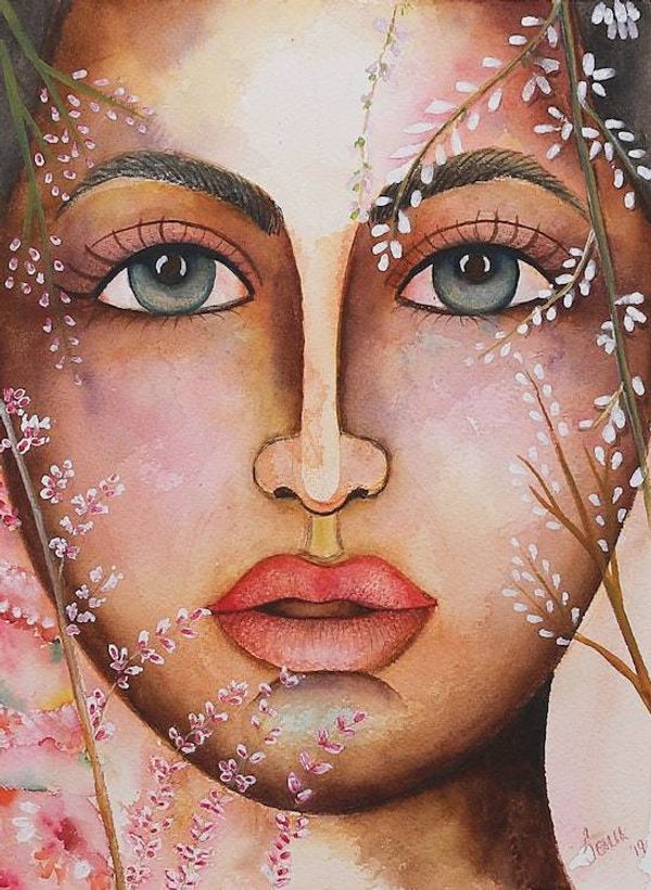 Alternate image for Signed Watercolor Woman Portrait Painting with White Blooms Longing III