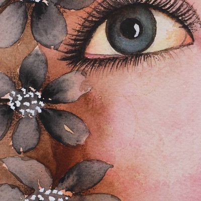Alternate image for Signed Watercolor Woman Portrait Painting with Black Blooms Longing II