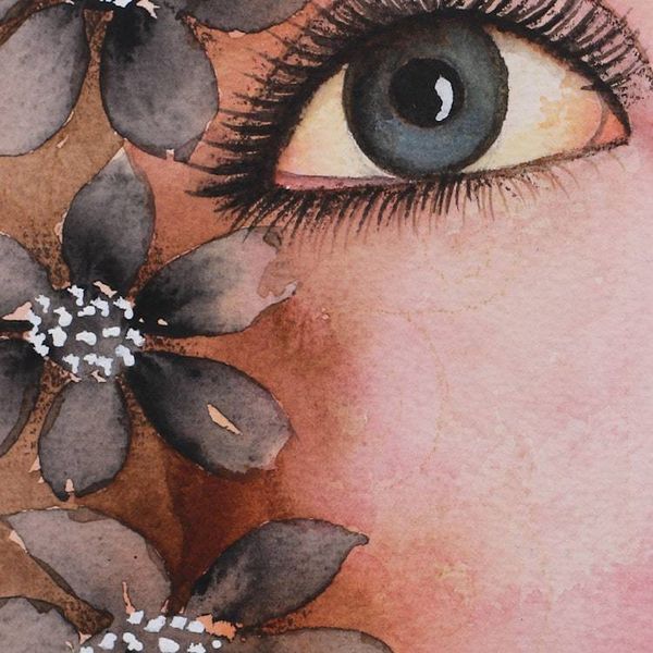 Image for Signed Watercolor Woman Portrait Painting with Black Blooms Longing II