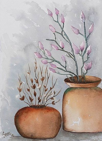 Primary image for Impressionist Watercolor Painting of Vases and Flowers Elegance II