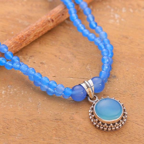 Alternate image for Blue Chalcedony and Sun-Shaped Pendant Necklace from India Blue Ballad
