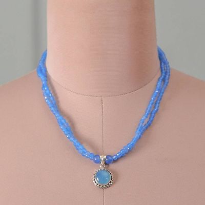 Alternate image for Blue Chalcedony and Sun-Shaped Pendant Necklace from India Blue Ballad