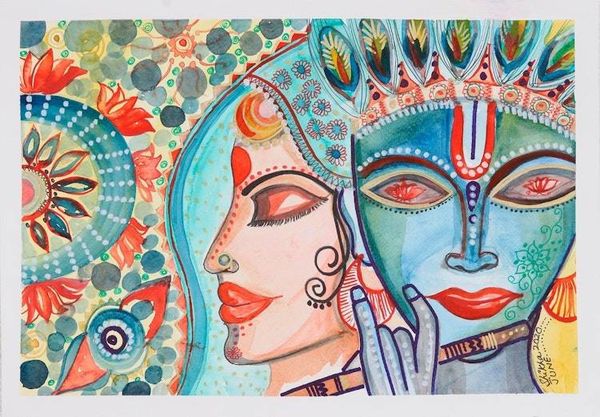 Alternate image for Krishna and Radha Watercolor Painting on Handmade Paper Radha-Krishna