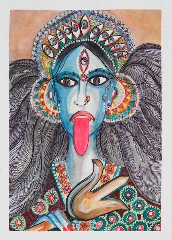 Alternate image for Signed Goddess Kali Watercolor Painting on Handmade Paper Goddess Kali