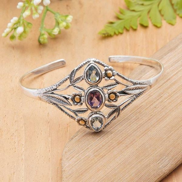 Alternate image for 18k Gold-Accented Blue Topaz Amethyst Silver Cuff Bracelet Garden Shimmer